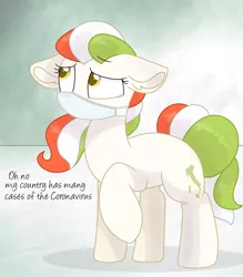Size: 1172x1340 | Tagged: safe, artist:rainbow eevee, derpibooru import, oc, oc:princess stivalia, ponified, unofficial characters only, pony, coronavirus, covid-19, cropped, cute, face mask, female, floppy ears, italy, mask, nation ponies, ppe, sad, sick, simple background, surgical mask, teary eyes, yellow eyes
