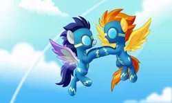 Size: 800x476 | Tagged: safe, artist:jhayarr23, derpibooru import, spitfire, oc, oc:switch, pegasus, pony, clothes, female, goggles, mare, two toned wings, uniform, wings, wonderbolts uniform