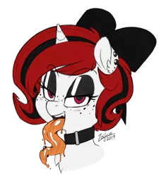 Size: 840x920 | Tagged: safe, artist:zajice, derpibooru import, edit, oc, oc:lilith, unofficial characters only, pony, succubus, unicorn, bow, bust, collar, drool, drool string, ear piercing, eyeshadow, long tongue, makeup, piercing, style emulation, tongue out, tongue piercing