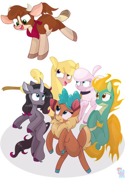 Size: 2020x2872 | Tagged: safe, artist:rainbow eevee, derpibooru import, arizona cow, oleander (tfh), paprika paca, pom lamb, tianhuo, velvet reindeer, alpaca, classical unicorn, cow, deer, reindeer, sheep, unicorn, them's fightin' herds, adorapom, arizonadorable, awwleander, bandana, bell, cloven hooves, collar, community related, curved horn, cute, eyelashes, female, fightin' six, horn, jumping, lamb, leonine tail, looking down, looking up, open mouth, paprikadorable, raised leg, scared, simple background, smiling, tianhuaww, transparent background, unshorn fetlocks, vector, velvebetes