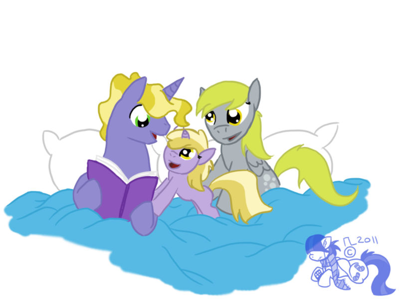 Size: 900x675 | Tagged: safe, artist:cosmic-rust, derpibooru import, derpy hooves, dinky hooves, ponet, pegasus, pony, unicorn, bed, book, father and child, father and daughter, female, filly, male, mare, mother and child, mother and daughter, ponetderp, shipping, simple background, stallion, straight, transparent background