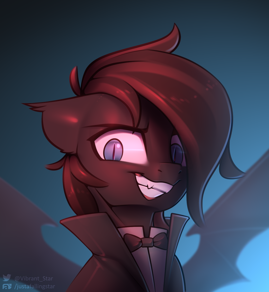 Size: 1443x1566 | Tagged: safe, artist:justafallingstar, derpibooru import, oc, unofficial characters only, bat pony, bat pony oc, bat wings, bowtie, bust, clothes, evil grin, fangs, grin, male, smiling, wings