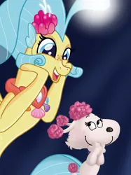 Size: 2048x2732 | Tagged: artist:justsomepainter11, cute, derpibooru import, dog, fifi (peanuts), kristin chenoweth, looking at each other, my little pony: the movie, peanuts, poodle, princess skystar, safe, seapony (g4), skyabetes, smiling, the peanuts movie, voice actor joke