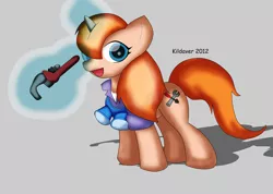 Size: 1280x909 | Tagged: safe, artist:kildaver, derpibooru import, ponified, pony, unicorn, 2012, artifact, chip and dale rescue rangers, clothes, female, gadget hackwrench, glowing horn, goggles, horn, levitation, magic, magic aura, mare, solo, telekinesis