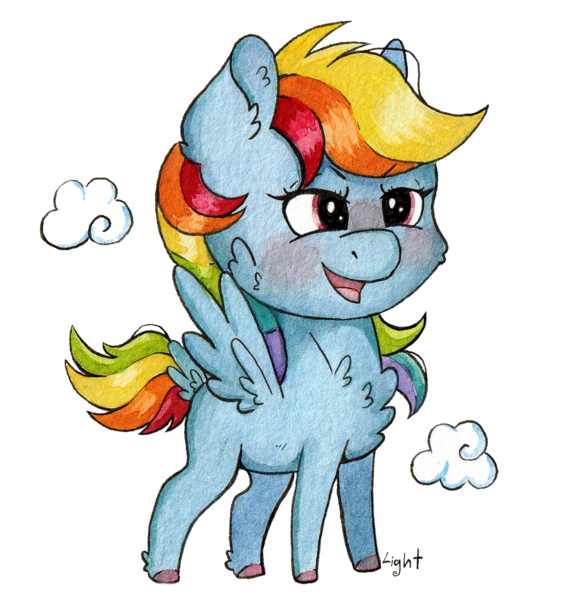 Size: 1240x1317 | Tagged: safe, artist:lightisanasshole, derpibooru import, rainbow dash, pegasus, pony, blushing, blushing profusely, cheek fluff, chest fluff, chibi, cloud, colored hooves, determined, ear fluff, female, hoof fluff, open mouth, solo, sticker, tail feathers, traditional art, watercolor painting