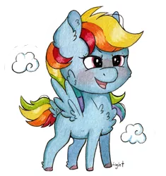 Size: 1240x1317 | Tagged: safe, artist:lightisanasshole, derpibooru import, rainbow dash, pegasus, pony, blushing, blushing profusely, cheek fluff, chest fluff, chibi, cloud, colored hooves, determined, ear fluff, female, hoof fluff, open mouth, solo, sticker, tail feathers, traditional art, watercolor painting