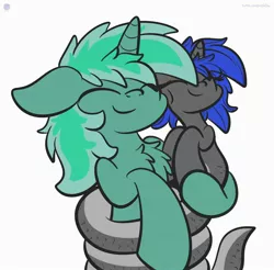 Size: 2600x2560 | Tagged: safe, artist:kimjoman, derpibooru import, oc, oc:dream², oc:ice wisp, unofficial characters only, lamia, original species, snake, snake pony, unicorn, brother and sister, coils, cuddling, cute, dawwww, duo, eyes closed, female, hug, male, ocbetes, siblings, smiling