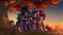 Size: 3840x2160 | Tagged: safe, artist:jedayskayvoker, derpibooru import, oc, oc:asteroid trail, oc:caiya, oc:ender, oc:star universe, unofficial characters only, gryphon, pegasus, pony, autumn, bandana, beanie, clothes, ender's herd, eyes closed, female, griffon oc, hat, high res, hug, jewelry, looking at each other, male, mare, necklace, pegasus oc, scarf, scenery, sitting, smiling, stallion, stender, sunset, tree, winghug, wings