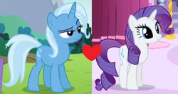 Size: 1330x702 | Tagged: a dog and pony show, cropped, derpibooru import, edit, edited screencap, female, lesbian, no second prances, rarity, rarixie, safe, screencap, shipping, shipping domino, trixie