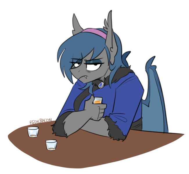 Size: 1057x974 | Tagged: safe, artist:redxbacon, derpibooru import, oc, oc:river rhythm, anthro, bat pony, alcohol, annoyed, clothes, exhausted, female, glass, hairband, kimono (clothing), looking at you, shot glass, solo, tired