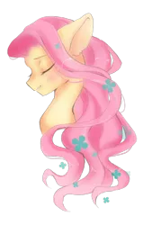 Size: 1280x1896 | Tagged: safe, artist:hikarinohibana, derpibooru import, fluttershy, pegasus, pony, blushing, bust, eyes closed, female, flower, flower in hair, mare, open mouth, peaceful, portrait, profile, simple background, solo, transparent background