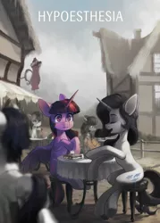 Size: 1731x2417 | Tagged: alicorn, artist:koviry, bon bon, commission, derpibooru import, desaturated, fanfic, fanfic art, fanfic cover, fanfic:hypoesthesia, female, food, lesbian, octavia melody, ponyville, rarilight, rarity, safe, sandwich, shipping, sweetie drops, twilight sparkle, twilight sparkle (alicorn), worried