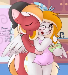 Size: 2464x2712 | Tagged: safe, artist:an-tonio, derpibooru import, oc, oc:gray sketch, oc:rita cloudy, pony, apron, clothes, cooking, kiss on the cheek, kissing, oc x oc, one eye closed, ritay, shipping