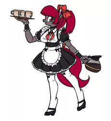Size: 1280x1390 | Tagged: safe, artist:king-kakapo, derpibooru import, oc, oc:rosemary, unofficial characters only, anthro, earth pony, unguligrade anthro, bow, choker, clothes, coffee, cup, dress, female, hair bow, looking at you, maid, mare, mary janes, shoes, simple background, socks, stockings, thigh highs, white background
