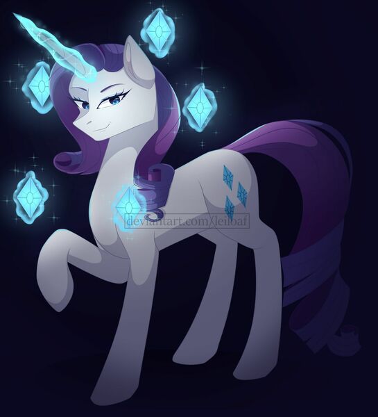 Size: 1920x2115 | Tagged: safe, artist:leiloaf, derpibooru import, rarity, pony, unicorn, bedroom eyes, cutie mark, dark background, diamond, female, gem, glow, horn, long horn, looking at you, magic, mare, sharp horn, signature, simple background, smiling, solo