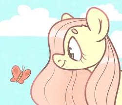 Size: 2300x2000 | Tagged: safe, artist:vailyfinch, derpibooru import, fluttershy, butterfly, pony, beanbrows, bust, cloud, cute, eyebrows, female, high res, looking at something, mare, portrait, profile, shyabetes, sky, smiling, solo