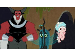 Size: 320x240 | Tagged: safe, derpibooru import, screencap, cozy glow, lord tirek, queen chrysalis, centaur, changeling, changeling queen, pegasus, pony, frenemies (episode), animated, cozy glow is not amused, evil lair, female, filly, foal, funny, gif, glare, grogar's lair, lair, male, pushing, shoving