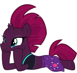 Size: 6356x6110 | Tagged: safe, alternate version, artist:ejlightning007arts, derpibooru import, edit, tempest shadow, pony, unicorn, my little pony: the movie, bikini, broken horn, clothes, cute, eye scar, hoof on cheek, horn, implied tempestlight, lying down, sarong, scar, simple background, smiling, swimsuit, transparent background