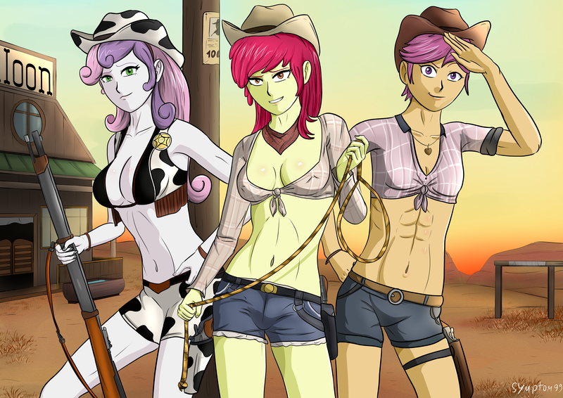 Size: 7016x4961 | Tagged: suggestive, artist:symptom99, derpibooru import, apple bloom, scootaloo, sweetie belle, equestria girls, boots, breasts, clothes, cowboy boots, cowboy hat, cutie mark crusaders, hat, older, older apple bloom, older cmc, older scootaloo, older sweetie belle, shoes