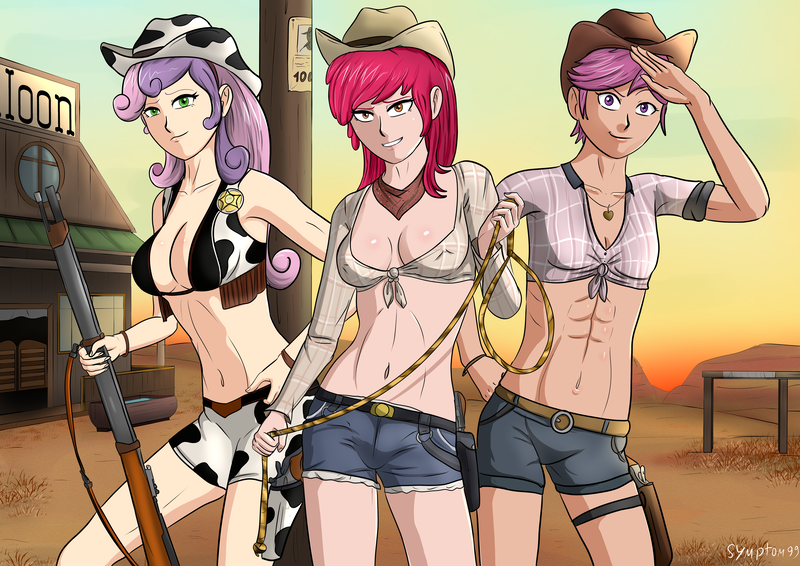 Size: 7016x4961 | Tagged: suggestive, alternate version, artist:symptom99, derpibooru import, apple bloom, scootaloo, sweetie belle, human, boots, breasts, clothes, cowboy boots, cowboy hat, cowprint, cutie mark crusaders, gun, hat, humanized, image, png, shoes, weapon