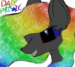 Size: 500x450 | Tagged: safe, artist:prismicdiamondart, derpibooru import, oc, oc:prismatic spectrum rainbow, unofficial characters only, pegasus, pony, black sclera, bust, female, mare, multicolored hair, nightmarified, pegasus oc, rainbow hair, sharp teeth, simple background, smiling, solo, sombra eyes, teeth, text, white background, wings