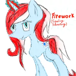 Size: 5000x5000 | Tagged: safe, artist:prismicdiamondart, derpibooru import, oc, oc:firework, unofficial characters only, pony, unicorn, female, glowing horn, horn, mare, simple background, solo, text, unicorn oc, white background