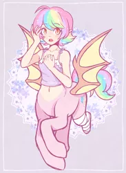 Size: 1440x1966 | Tagged: safe, artist:hawthornss, derpibooru import, oc, oc:paper stars, unofficial characters only, bat pony, centaur, amputee, armpits, bandage, bat pony oc, bat wings, belly button, blushing, chest fluff, clothes, collarbone, cute, cute little fangs, elf ears, fangs, hydrangea, looking at you, midriff, missing limb, multicolored hair, open mouth, pointed ears, rainbow hair, simple background, slit eyes, stump, sweat, sweatdrop, tanktop, wings