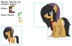 Size: 995x636 | Tagged: safe, artist:14th-crown, derpibooru import, oc, oc:mocha ice, unofficial characters only, earth pony, pony, bendy straw, coffee, cup, drink, drinking straw, duo, earth pony oc, female, hair over one eye, hat, mare, necktie, pointy ponies, reference sheet, simple background, transparent background