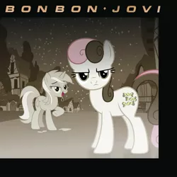 Size: 1024x1024 | Tagged: safe, artist:dashiesparkle, artist:foxy-noxy, artist:grapefruitface1, derpibooru import, bon bon, lyra heartstrings, sweetie drops, ponified, pony, album cover, bon jovi, bonpun, looking at you, ponified album cover, pun, self-titled album, sepia