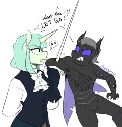 Size: 956x987 | Tagged: safe, artist:redxbacon, derpibooru import, queen chrysalis, oc, unofficial characters only, anthro, changeling, unicorn, cheeselegs, nudity, purple changeling, rapier, rude, sword, weapon