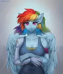 Size: 1095x1300 | Tagged: alternate timeline, amputee, anthro, apocalypse dash, artist:margony, breasts, busty rainbow dash, crystal war timeline, cutie mark, derpibooru import, female, looking at you, pegasus, prosthetic arm, prosthetic limb, prosthetics, rain, rainbow dash, sad, safe, speedpaint available, the cutie re-mark