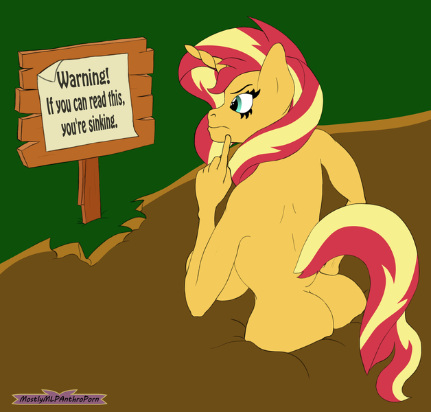 Size: 2260x2160 | Tagged: questionable, artist:mostlymlpanthroporn, derpibooru import, sunset shimmer, anthro, unicorn, breasts, female, mud, nudity, quicksand, sign, sinking, sketch