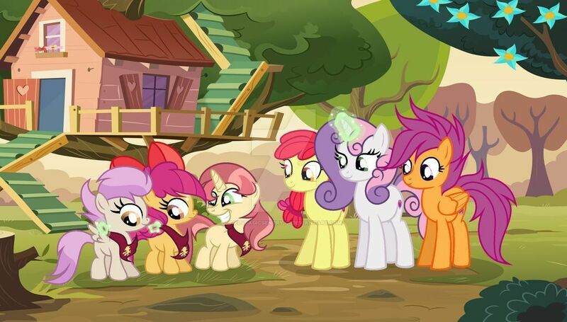 Size: 1024x583 | Tagged: safe, artist:velveagicsentryyt, derpibooru import, apple bloom, scootaloo, sweetie belle, oc, oc:apple denki, oc:fries, oc:strawberlly, earth pony, pegasus, pony, unicorn, base used, clubhouse, crusaders clubhouse, cutie mark crusaders, deviantart watermark, female, filly, magic, mare, mother and child, mother and daughter, obtrusive watermark, offspring, older, older apple bloom, older cmc, older scootaloo, older sweetie belle, parent:apple bloom, parent:button mash, parent:rumble, parent:scootaloo, parent:sweetie belle, parent:tender taps, parents:rumbloo, parents:sweetiemash, parents:tenderbloom, watermark
