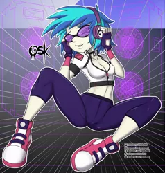 Size: 1837x1932 | Tagged: safe, artist:oldskullkid, derpibooru import, vinyl scratch, equestria girls, breasts, cameltoe, cleavage, clothes, converse, female, fingerless gloves, gloves, leggings, midriff, shoes, short shirt, solo, spread legs, spreading, zipper