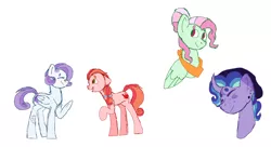 Size: 2736x1484 | Tagged: safe, artist:musicbetmlp, derpibooru import, oc, unofficial characters only, earth pony, pegasus, pony, unicorn, earth pony oc, horn, magical lesbian spawn, offspring, parent:big macintosh, parent:fluttershy, parent:pinkie pie, parent:rainbow dash, parent:rarity, parent:soarin', parents:flutterdash, parents:pinkiemac, parents:soarity, parents:starluna, pegasus oc, simple background, unicorn oc, white background, wings