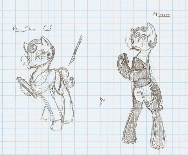 Size: 958x793 | Tagged: safe, artist:ravenpuff, deleted from derpibooru, derpibooru import, oc, unofficial characters only, earth pony, pony, bipedal, cigarette, clothes, dominatrix, duo, earth pony oc, evening gloves, female, gloves, graph paper, hoof hold, knife, latex, latex socks, long gloves, makeup, mare, mistress, reference sheet, riding crop, smikr, smoking, socks, traditional art