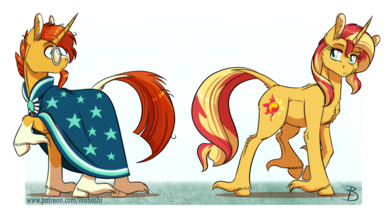 Size: 1024x575 | Tagged: safe, artist:inuhoshi-to-darkpen, artist:parclytaxel, derpibooru import, sunburst, sunset shimmer, classical unicorn, pony, unicorn, brother and sister, chest fluff, clothes, cloven hooves, cousins, ear fluff, female, glasses, hoof fluff, leonine tail, long feather, looking at each other, looking back, male, mare, robe, siblings, stallion, sunburst's glasses, sunburst's robe, sunny siblings, unshorn fetlocks