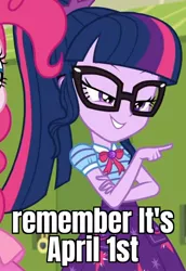Size: 745x1080 | Tagged: safe, derpibooru import, edit, edited screencap, screencap, pinkie pie, sci-twi, twilight sparkle, equestria girls, equestria girls series, holidays unwrapped, spoiler:eqg series (season 2), april fools, bowtie, canterlot high, caption, clothes, collar, cropped, cute, female, geode of telekinesis, glasses, high school, image macro, jewelry, lidded eyes, lockers, magical geodes, meme, o come all ye squashful, pockets, pointing, ponytail, reaction image, shirt, short sleeves, skirt, smiling, text