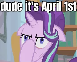 Size: 820x659 | Tagged: safe, derpibooru import, edit, edited screencap, screencap, starlight glimmer, pony, unicorn, a horse shoe-in, april fools, bookshelf, caption, cropped, facehoof, faic, female, floppy ears, great moments in animation, image macro, mare, meme, reaction image, solo, text, why the long face