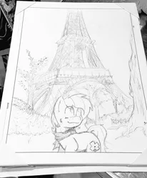 Size: 844x1024 | Tagged: safe, alternate version, artist:lucas_gaxiola, derpibooru import, oc, oc:charmed clover, unofficial characters only, earth pony, pony, clothes, earth pony oc, eiffel tower, irl, lineart, male, photo, scarf, solo, stallion, traditional art