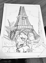Size: 743x1024 | Tagged: safe, alternate version, artist:lucas_gaxiola, derpibooru import, oc, oc:charmed clover, unofficial characters only, earth pony, pony, clothes, earth pony oc, eiffel tower, irl, lineart, male, photo, scarf, solo, stallion, traditional art