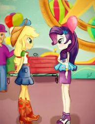 Size: 1484x1920 | Tagged: safe, artist:samyvillaly, derpibooru import, applejack, rarity, equestria girls, equestria girls series, rollercoaster of friendship, balloon, equestria land, female, lesbian, rarijack, shipping