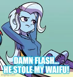 Size: 297x312 | Tagged: safe, derpibooru import, edit, idw, trixie, equestria girls, spoiler:comic, spoiler:comicequestriagirlsmarchradness, caption, cropped, image macro, implied flash sentry, jealous, meme, text, trixie yells at everything, waifu thief
