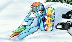 Size: 4096x2441 | Tagged: safe, alternate version, artist:jetwave, derpibooru import, rainbow dash, pegasus, pony, art pack:clop for a cause 2, camera, clothes, cute, dashabetes, female, goggles, high res, image, jpeg, leotard, mare, offscreen character, peace sign, pose, seams, sitting, smiling, snow, snowboard, solo, swimsuit, swimsuit edit, wing hands, wing hold, wings, winter