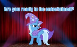 Size: 1920x1186 | Tagged: safe, derpibooru import, edit, trixie, pony, unicorn, cape, clothes, cute, entertainment, hat, one hoof raised, spotlight, stage, talking to viewer, trixie is best pony, trixie's cape, trixie's hat