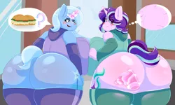 Size: 4669x2796 | Tagged: suggestive, artist:coatieyay, derpibooru import, starlight glimmer, trixie, anthro, unicorn, alternate hairstyle, arm warmers, ass, bbw, big breasts, blushing, boob squish, breasts, burger, butt, clothes, fat, female, food, hand, hay burger, hoodie, huge butt, implied weight gain, large butt, leotard, lesbian, magic, magic hands, nudity, obese, one eye closed, pictogram, shipping, socks, starlard glimmer, startrix, the ass was fat, the great and bountiful trixie, thigh highs, thighs, thunder thighs, weight gain, wink