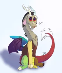 Size: 2000x2350 | Tagged: safe, artist:diamond06mlp, derpibooru import, discord, draconequus, :p, chest fluff, cloven hooves, colored hooves, cute, dialogue, discute, floppy ears, image, innocent, leg fluff, male, neck fluff, png, puppy dog eyes, shadow, signature, simple background, sitting, smiling, solo, tongue out, unshorn fetlocks, white background