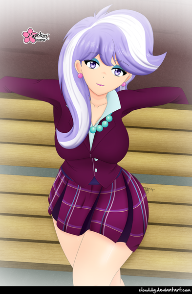 Size: 1048x1600 | Tagged: safe, alternate version, artist:clouddg, derpibooru import, upper crust, human, equestria girls, friendship games, big breasts, breasts, busty upper crust, clothes, crystal prep academy uniform, human coloration, jewelry, necklace, plaid skirt, pleated skirt, school uniform, skirt