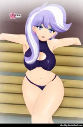 Size: 1048x1600 | Tagged: suggestive, alternate version, artist:clouddg, derpibooru import, upper crust, human, equestria girls, friendship games, armpits, belly button, big breasts, bra, breasts, busty upper crust, cleavage, clothes, ear piercing, earring, erect nipples, human coloration, jewelry, latex underwear, nipple outline, open mouth, panties, piercing, sexy, stupid sexy upper crust, thighs, underwear, wide hips
