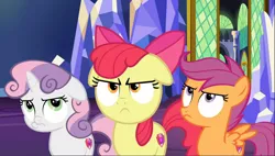 Size: 1646x935 | Tagged: safe, derpibooru import, screencap, apple bloom, scootaloo, sweetie belle, pony, growing up is hard to do, angry, apple bloom is not amused, cropped, cutie mark crusaders, floppy ears, pouting, scootaloo is not amused, sweetie belle is not amused, trio, unamused